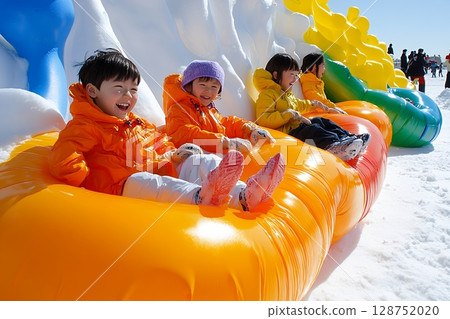 Happy children enjoy a snowy day sliding down inflatable tubes at a winter playground 128752020