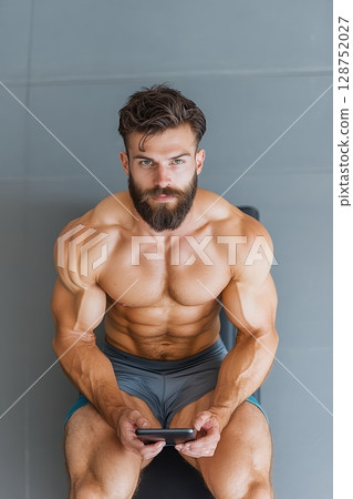 Muscular man with beard sits, using smartphone, in gym 128752027