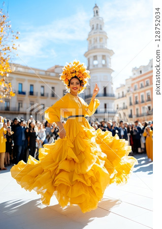 A radiant woman in a vibrant yellow ruffled gown and floral headdress poses joyfully in a sunny city square 128752034