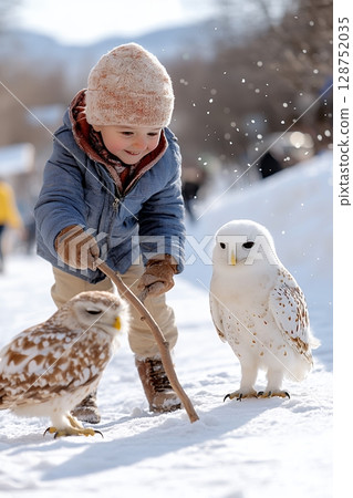 A toddler in winter clothes gently interacts with two owls in snowy surroundings, creating a heartwarming winter scene 128752035