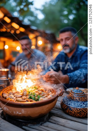 A delicious meal is cooked outdoors over an open flame, friends gather around enjoying a communal feast under a warm evening sky 128752046