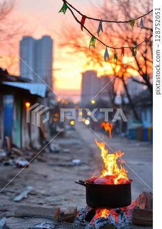 Sunset illuminates a makeshift urban setting where a pot of food simmers over an open fire, offering a poignant scene of resilience and community Sunset illuminates a makeshift urban setting where a pot of food simmers over an open fire, offering a poignant scene of resilience and community 128752051