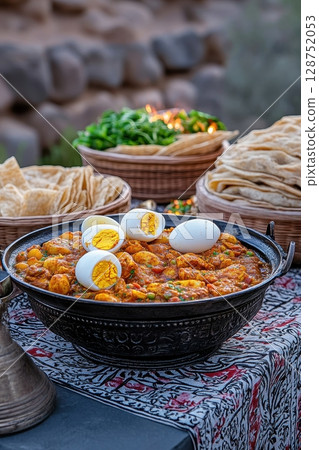Aromatic egg curry is served in a rustic bowl, alongside various flatbreads and appetizers, creating a vibrant outdoor dining scene Aromatic egg curry is served in a rustic bowl, alongside various flatbreads and appetizers, creating a vibrant outdoor dining scene 128752053