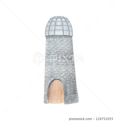 Medieval-style stone tower with a dome-shaped roof and arched wooden door. Watercolor illustration isolated on white background. Ideal for fairytales, maps, fantasy packaging, educational materials 128752055