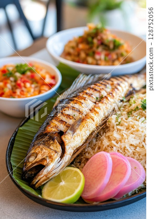 Grilled fish with rice, vibrant salsa, and pickled radish slices served on a banana leaf, a delicious and healthy meal 128752056