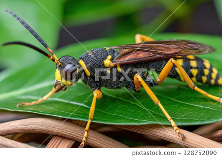 A vibrant yellow-and-black wasp perches on a lush green leaf, its intricate details sharply in focus 128752090