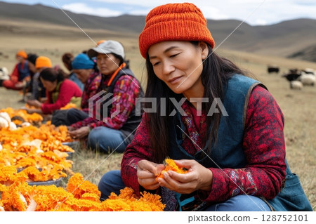A woman in a red sweater and orange hat carefully sorts bright orange mushrooms, others gather harvest nearby A woman in a red sweater and orange hat carefully sorts bright orange mushrooms, others gather harvest nearby 128752101