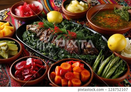 A delicious baked fish, garnished with herbs, is served with an array of colorful side dishes and lemon wedges, a feast fit for a celebration 128752107