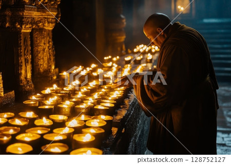 Buddhist monk in saffron robe lighting numerous candles in a dimly lit temple, surrounded by ornate golden decorations, creating an atmosphere of reverence and spirituality 128752127