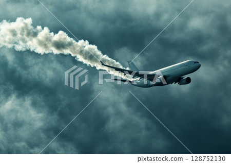 Passenger plane flying through a moody, cloudy sky leaving a distinct white contrail behind, symbolizing air travel, environmental impact, and atmospheric conditions 128752130