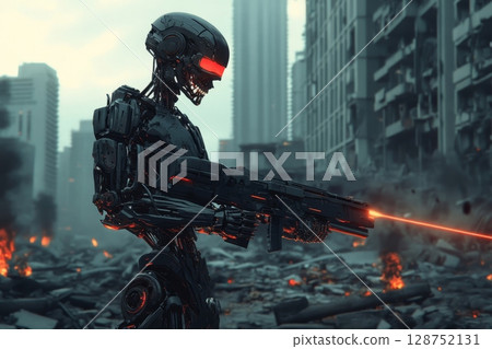 Menacing robot soldier with glowing red visor and large gun standing amidst ruins of a futuristic city, symbolizing artificial intelligence, warfare, and dystopian future 128752131