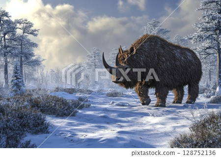 Digital illustration of a prehistoric woolly rhinoceros standing in a snow-covered winter landscape with frost-covered trees, depicting an ancient Ice Age scene 128752136