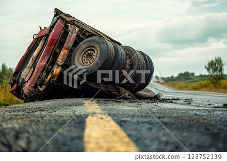 A crashed red truck lying on its side on a rural highway, with scattered debris and visible tire marks, highlighting the dangers of road accidents A crashed red truck lying on its side on a rural highway, with scattered debris and visible tire marks, highlighting the dangers of road accidents 128752139