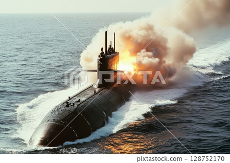 Nuclear submarine surfacing and launching a missile, creating a massive plume of smoke and fire on the ocean surface 128752170