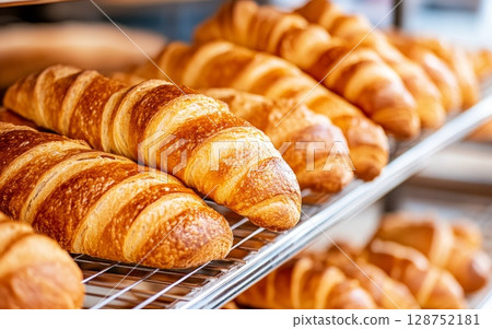 Freshly baked golden croissants are neatly arranged on a shelf, tempting with their flaky texture and buttery aroma 128752181
