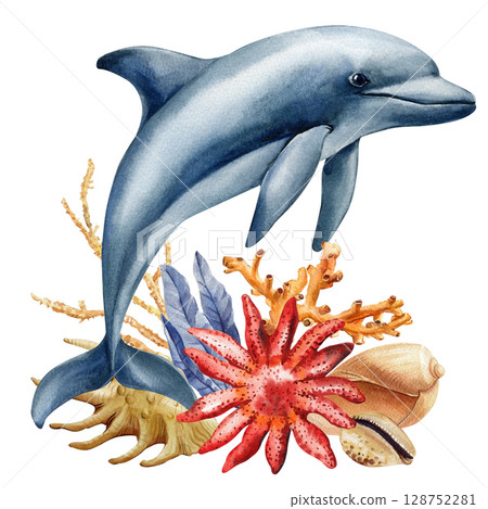 Dolphin with coral reef starfish seashells and tropical plants watercolor marine animal illustration, Wildlife poster, card Dolphin with coral reef starfish seashells and tropical plants watercolor marine animal illustration, Wildlife poster, card 128752281