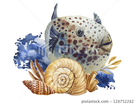 Spotted puffer fish with seashells watercolor marine illustration with blue splash background, sea poster 128752282