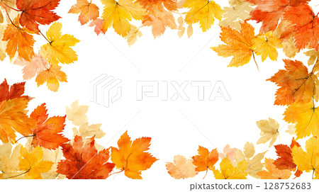 Watercolor style frame illustration of a space in the middle surrounded by fallen autumn leaves 128752683