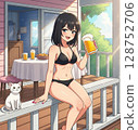 Woman in swimsuit drinking beer at seaside cafe 128752706
