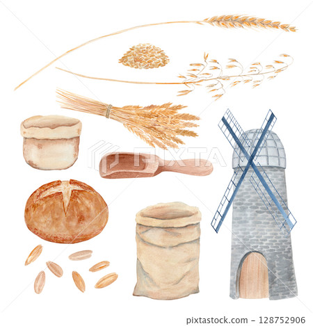 Wheat ears, grains, bread, flour sack, mill, wooden scoop, and jars. Watercolor set of farming and baking elements. Ideal for organic food branding, bakery packaging, and countryside themed designs 128752906