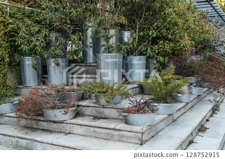 Creative Terrace Garden with Vintage Metal Planters 128752915