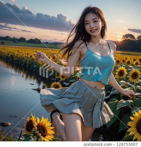 夕陽映照下的向日葵田!笑了! 夕陽映照下的向日葵田!笑了! 128753007