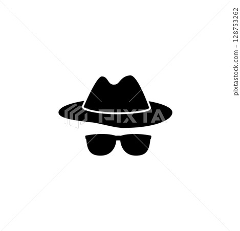 Vector icon representing incognito or private browsing mode with a hat and sunglasses. 128753262