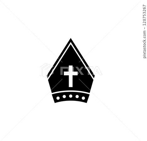 Vector icon of a bishop's mitre with a cross symbol, representing religious leadership. 128753267