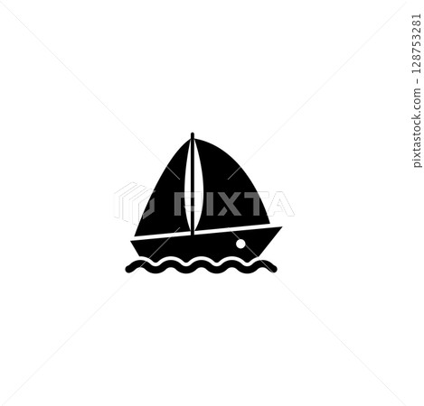 Simple black sailboat silhouette icon on water. Minimalist nautical design for marine concepts. Simple black sailboat silhouette icon on water. Minimalist nautical design for marine concepts. 128753281