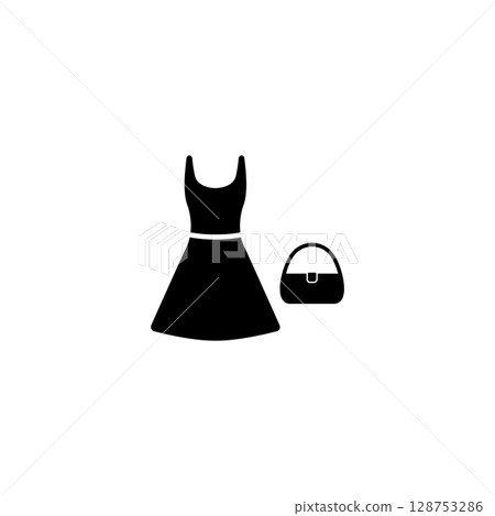 Simple black icons of a dress and handbag. Minimalist design for fashion and accessories concepts. 128753286