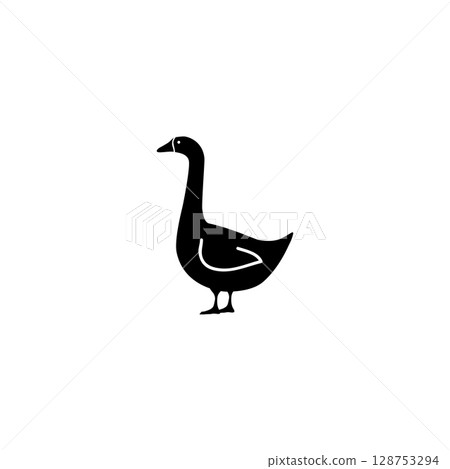 Simple black silhouette of a goose. Minimalist design for waterfowl and poultry concepts. 128753294