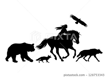 native american shaman woman and wild animals spirits black vector silhouette set 128753343