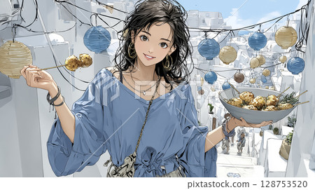 節日裡微笑的女人吃當地美食的插圖素材 128753520