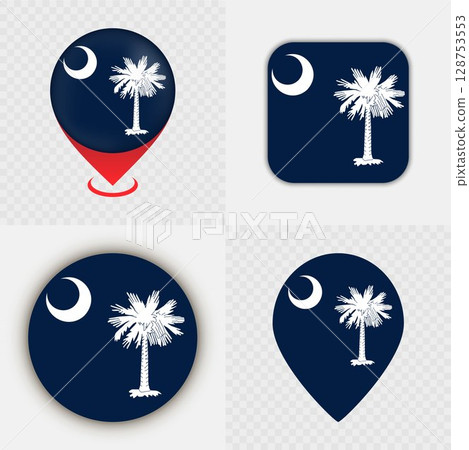 Set of South Carolina State Flag Icons and Map Pins. 128753553