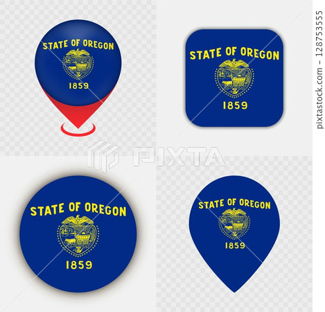 Set of Oregon State Flag Icons and Map Pins. Set of Oregon State Flag Icons and Map Pins. 128753555