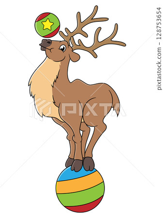 cartoon moose standing on a ball and smiling of illustration cartoon moose standing on a ball and smiling of illustration 128753654