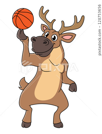 cartoon moose playing basketball and smiling of illustration cartoon moose playing basketball and smiling of illustration 128753656
