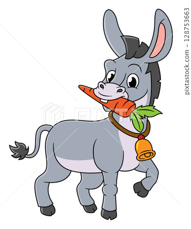 Cartoon happy donkey eating carrot of illustration Cartoon happy donkey eating carrot of illustration 128753663