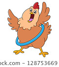 Cartoon funny chicken hen crowing of illustration 128753669