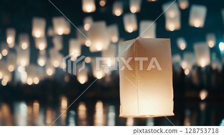 Yi Peng lanterns floating in night sky during Loi Krathong festival background 128753718