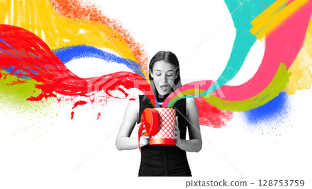 Colorful collage of amazed girl holding gift box with colorful abstract shapes bursting out. Concept of product surprise, gifting campaigns, promotions, e-commerce visuals, youth branding. Colorful collage of amazed girl holding gift box with colorful abstract shapes bursting out. Concept of product surprise, gifting campaigns, promotions, e-commerce visuals, youth branding. 128753759