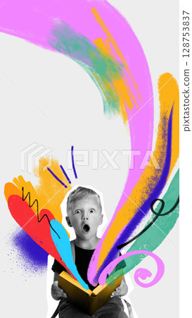 Dynamic collage of surprised boy reading with abstract colorful brush strokes. Concept of imagination, childhood creativity, art education, school posters, and emotional storytelling. Dynamic collage of surprised boy reading with abstract colorful brush strokes. Concept of imagination, childhood creativity, art education, school posters, and emotional storytelling. 128753837