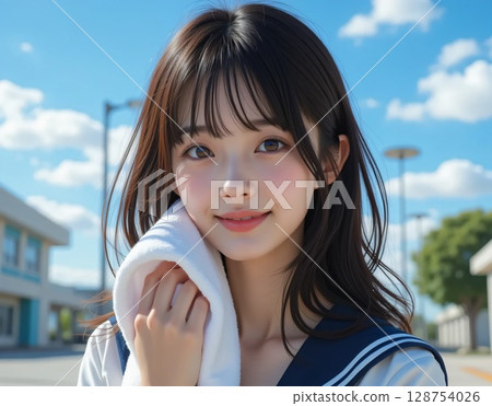 陽光明媚的夏日,微笑的年輕女子用毛巾擦臉 陽光明媚的夏日,微笑的年輕女子用毛巾擦臉 128754026