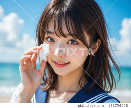 一名高中女生在海邊用浴巾擦去臉上的汗水 128754028