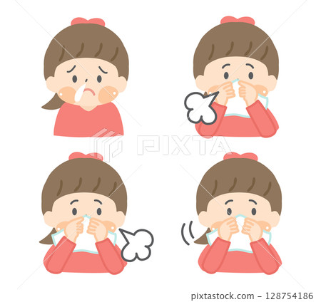 Illustration set of children blowing their runny nose 128754186