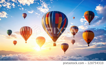 AI image: Colorful balloons floating in the sunset sky 128754310