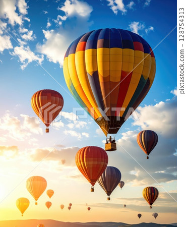AI 影像：彩色氣球漂浮在夕陽的天空中 128754313