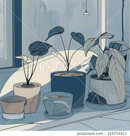 Houseplants lined up in the window 128754421