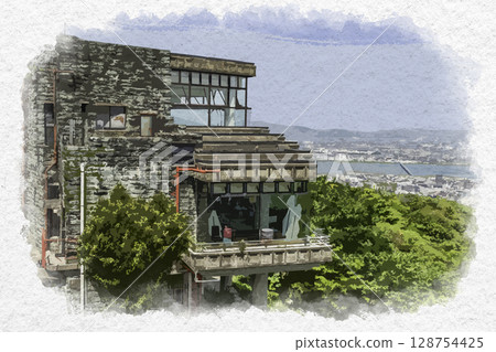 Watercolor style Tokushima Bizan Ropeway summit observation deck, Tokushima City, Tokushima Prefecture 128754425
