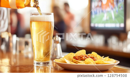 Super Bowl game party, glass of beer being poured next to plate of chips with salsa 128754508